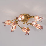 Elegant Purple Tulip Glass Flush Mount Ceiling Light with Gold Metal Finish and Floral Design