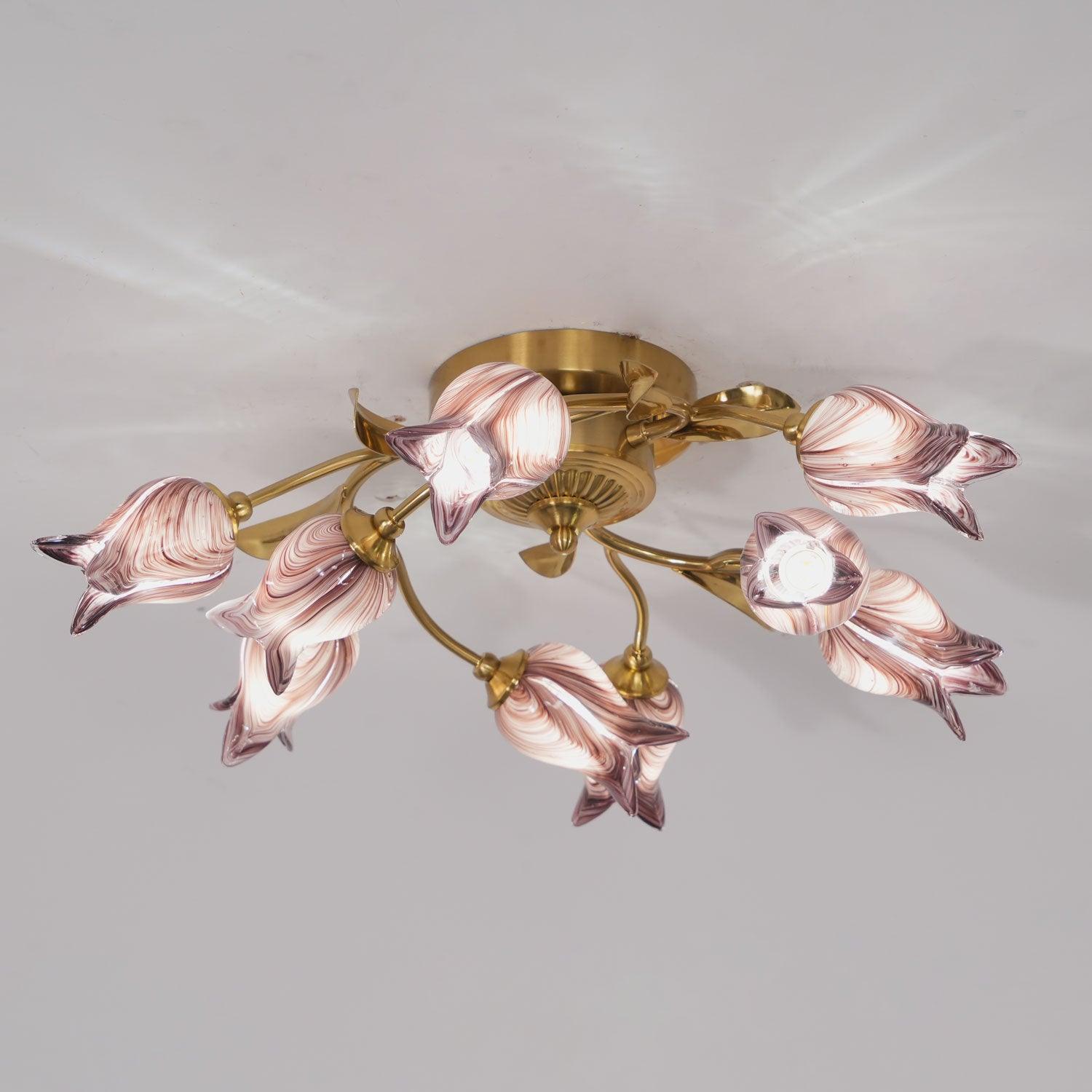 Elegant Purple Tulip Glass Flush Mount Ceiling Light with Gold Metal Finish and Floral Design