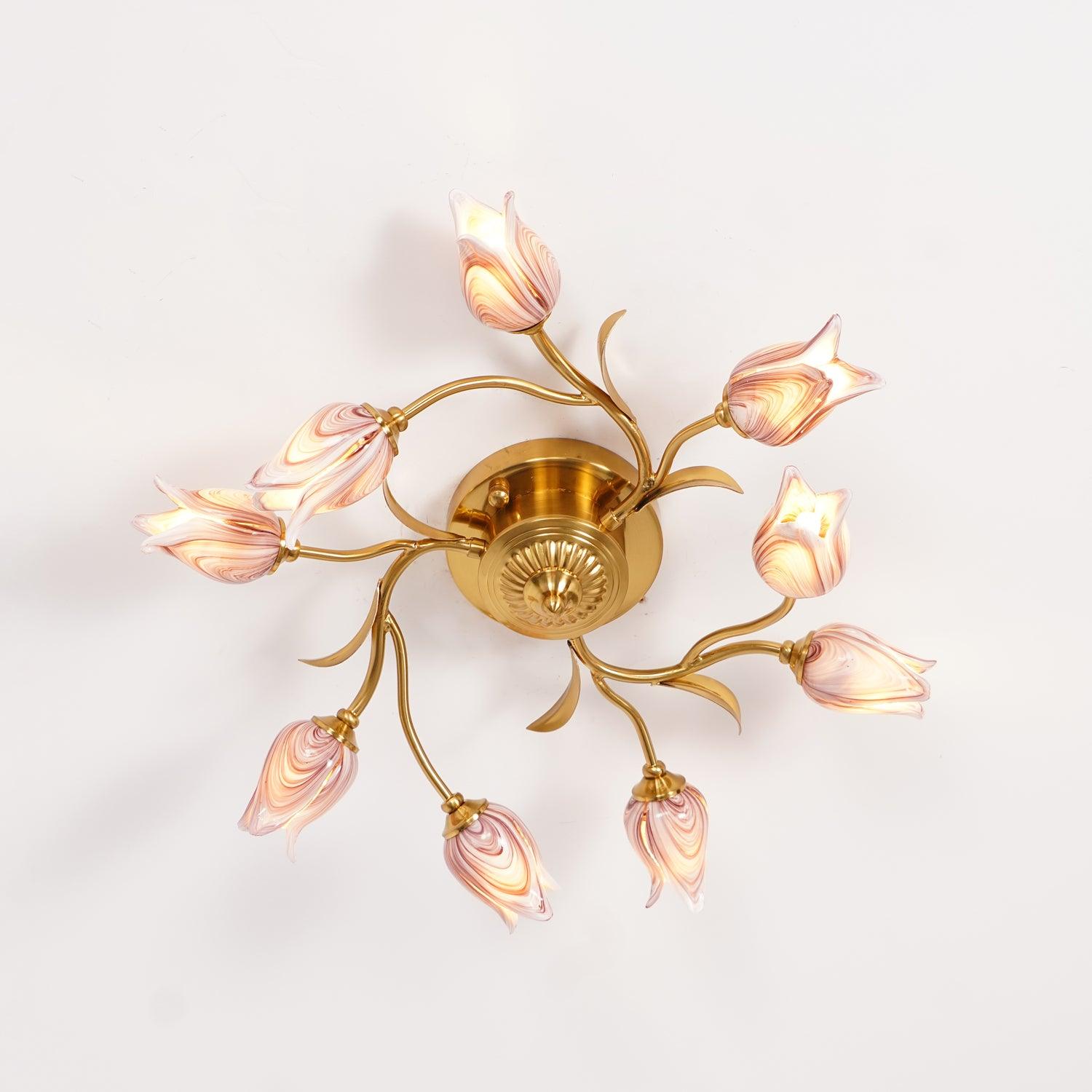 Elegant Purple Tulip Glass Flush Mount Ceiling Light with Gold Metal Finish and Floral Design