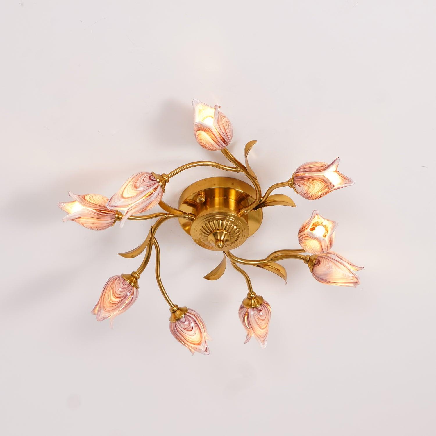 Elegant Purple Tulip Glass Flush Mount Ceiling Light with Gold Metal Finish and Floral Design