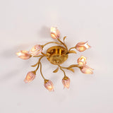 Elegant Purple Tulip Glass Flush Mount Ceiling Light with Gold Metal Finish and Floral Design
