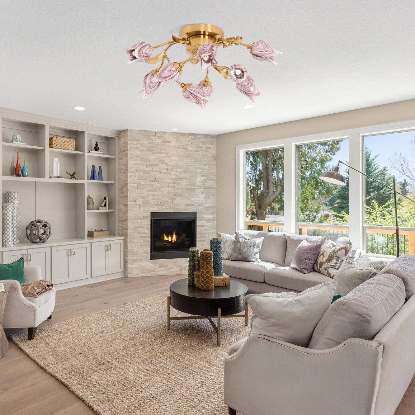 Elegant Purple Tulip Glass Flush Mount Ceiling Light with Gold Metal Finish and Floral Design