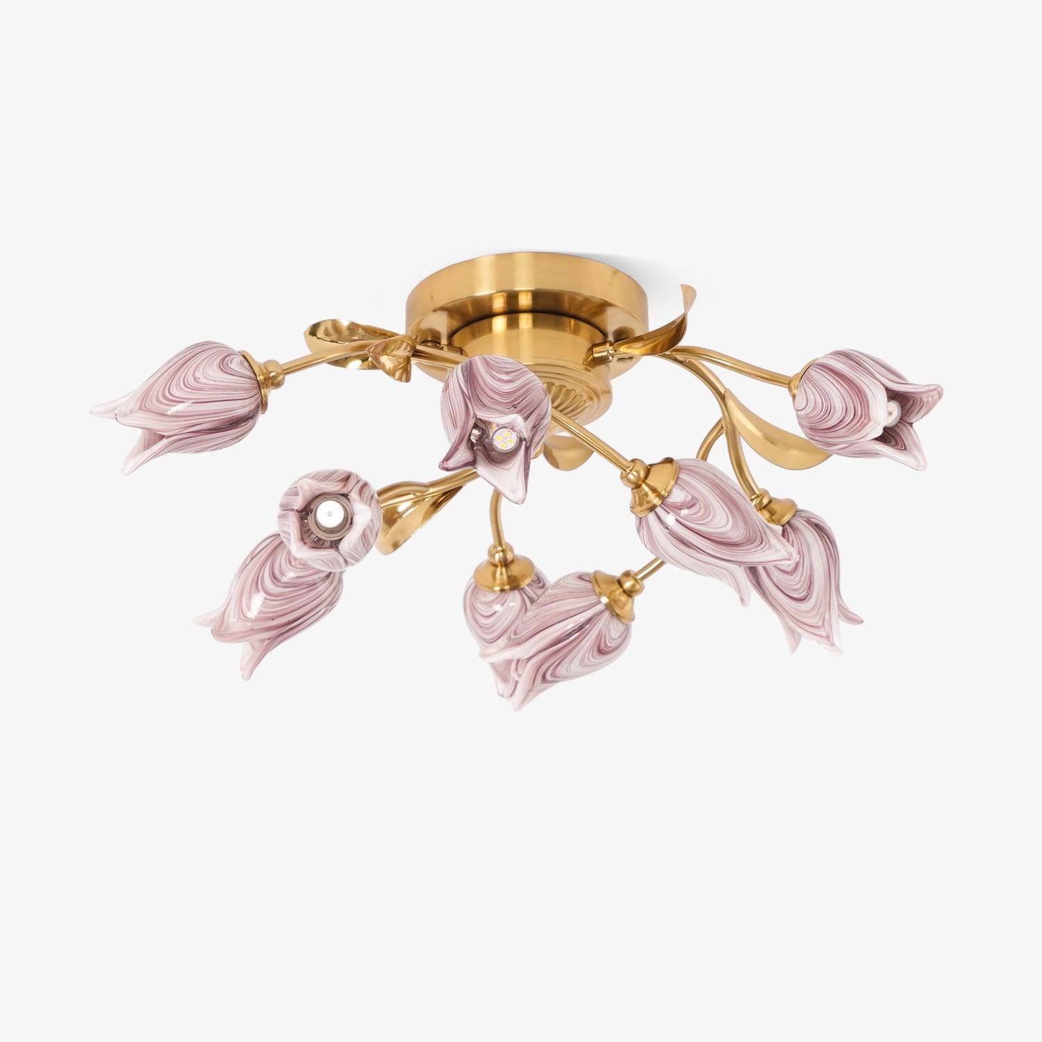 Elegant Purple Tulip Glass Flush Mount Ceiling Light with Gold Metal Finish and Floral Design