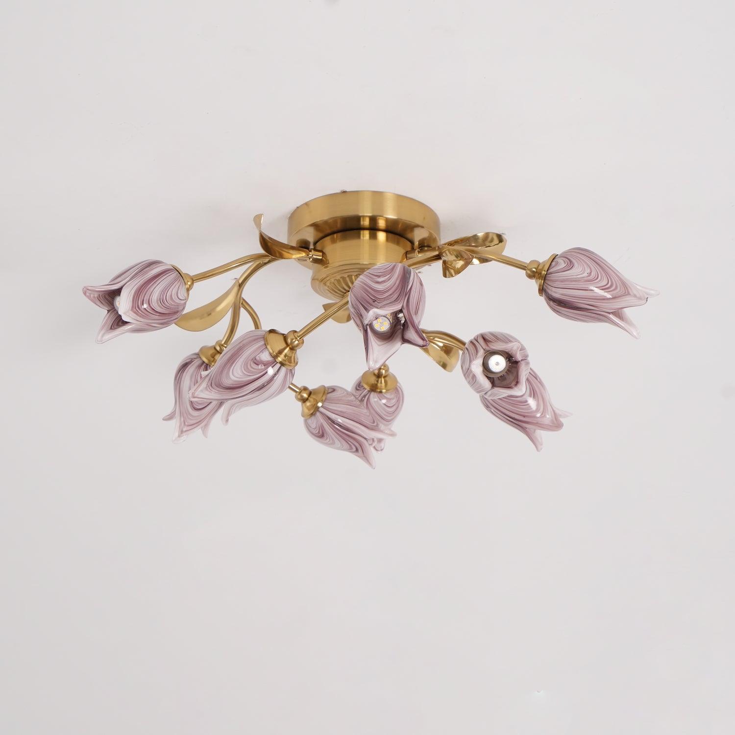 Elegant Purple Tulip Glass Flush Mount Ceiling Light with Gold Metal Finish and Floral Design