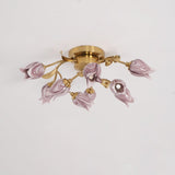 Elegant Purple Tulip Glass Flush Mount Ceiling Light with Gold Metal Finish and Floral Design