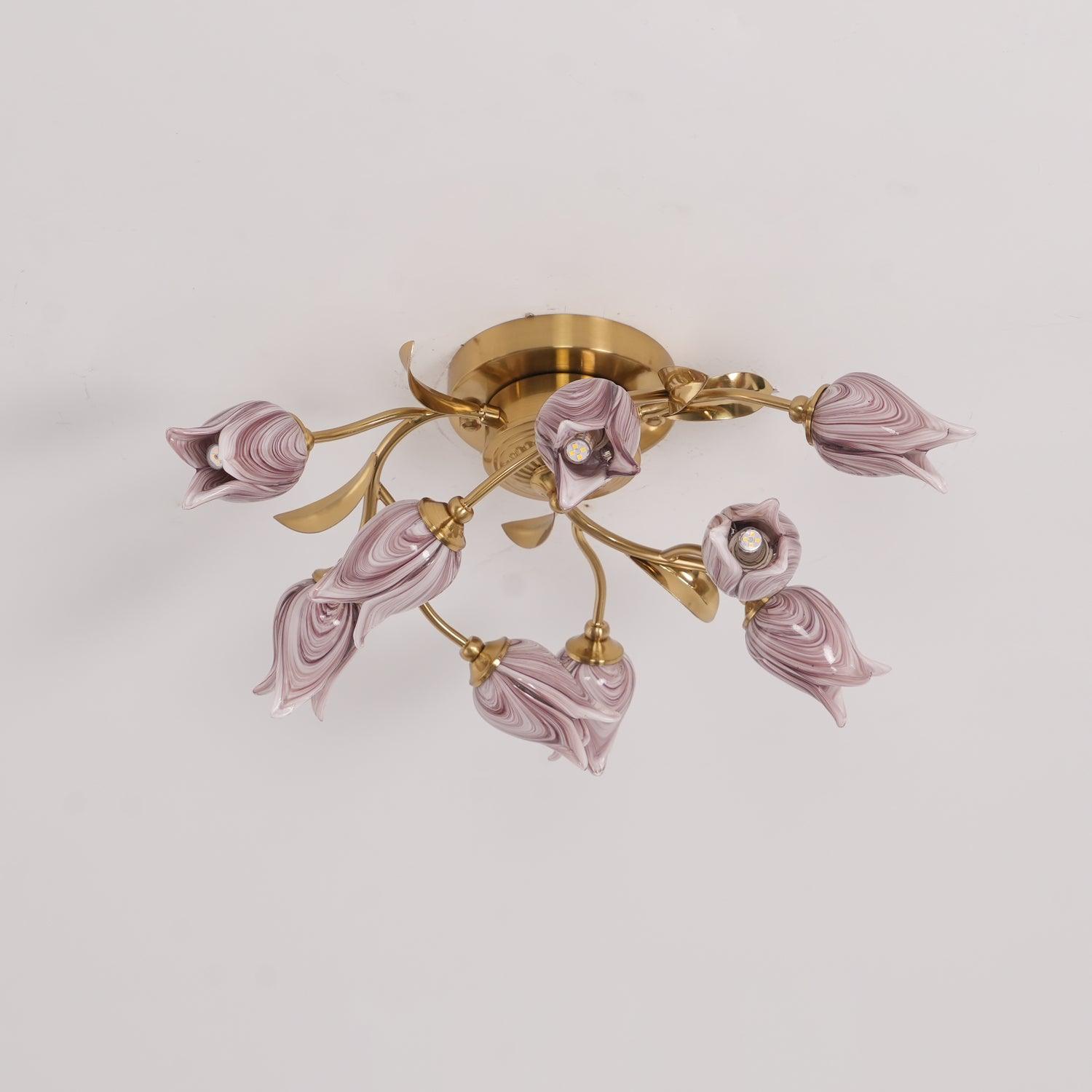 Elegant Purple Tulip Glass Flush Mount Ceiling Light with Gold Metal Finish and Floral Design