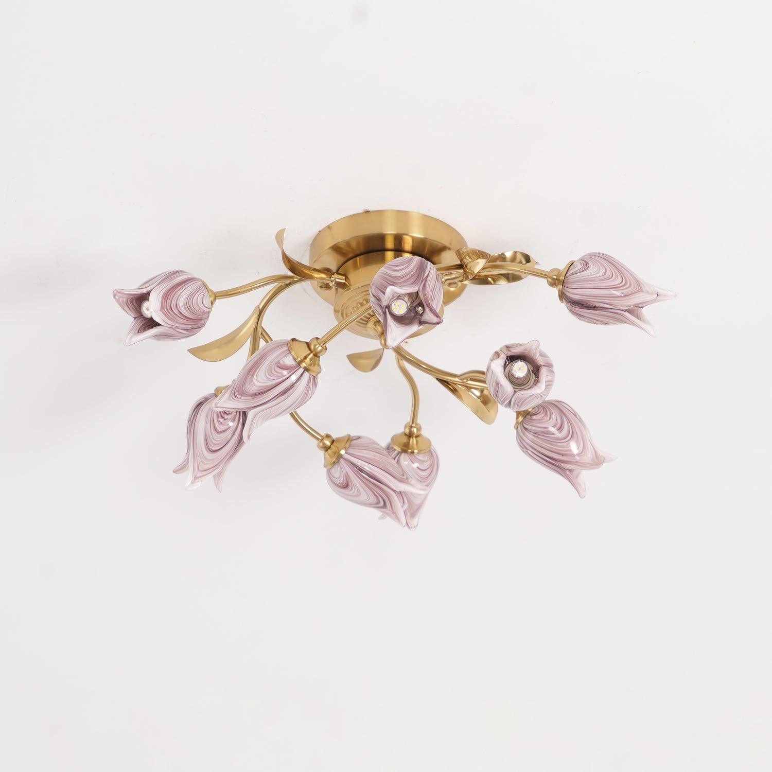 Elegant Purple Tulip Glass Flush Mount Ceiling Light with Gold Metal Finish and Floral Design