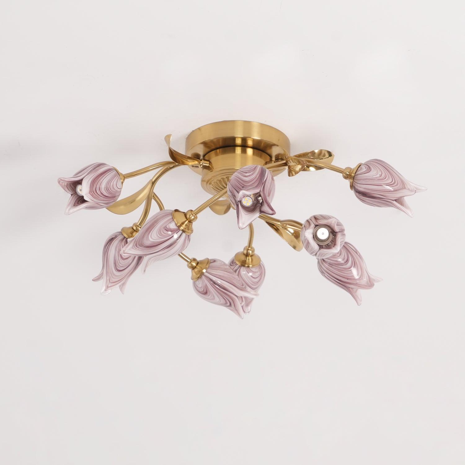 Elegant Purple Tulip Glass Flush Mount Ceiling Light with Gold Metal Finish and Floral Design