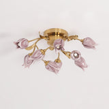 Elegant Purple Tulip Glass Flush Mount Ceiling Light with Gold Metal Finish and Floral Design