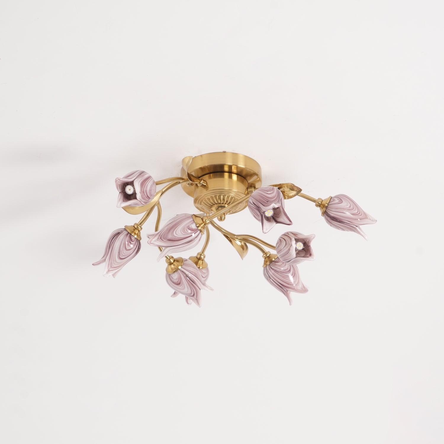 Elegant Purple Tulip Glass Flush Mount Ceiling Light with Gold Metal Finish and Floral Design