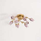 Elegant Purple Tulip Glass Flush Mount Ceiling Light with Gold Metal Finish and Floral Design