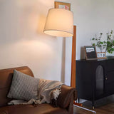 Modern Tusk Arc Floor Lamp Walnut Wood Standing Light with White Fabric Shade for Living Room Reading