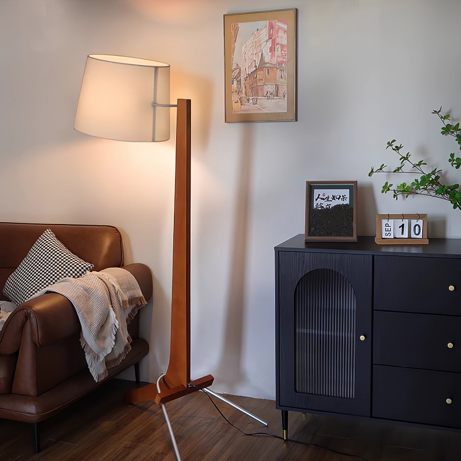 Modern Tusk Arc Floor Lamp Walnut Wood Standing Light with White Fabric Shade for Living Room Reading