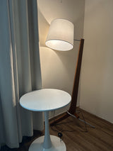 Modern Tusk Arc Floor Lamp Walnut Wood Standing Light with White Fabric Shade for Living Room Reading