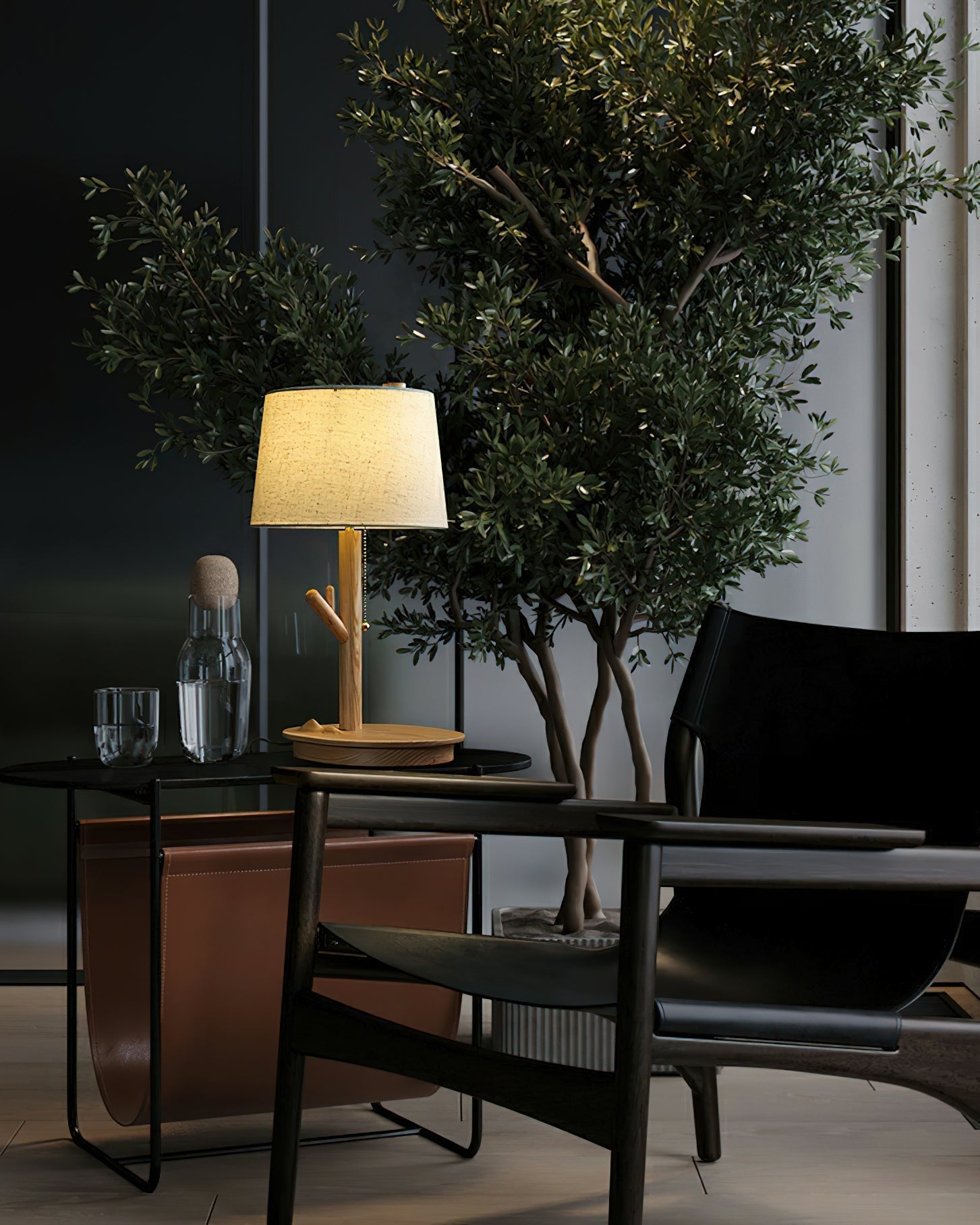 Modern Rustic Branch Table Lamp with Fabric Shade and Wooden Base for Bedside Lighting