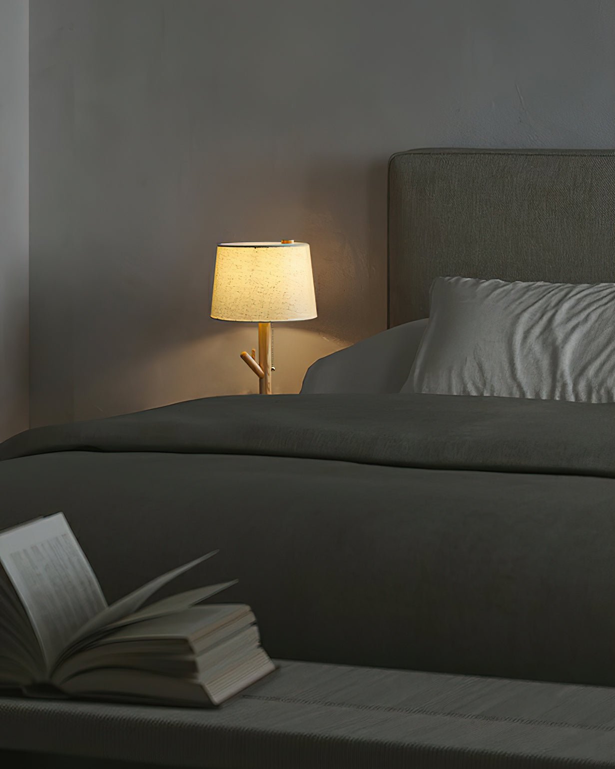 Modern Rustic Branch Table Lamp with Fabric Shade and Wooden Base for Bedside Lighting