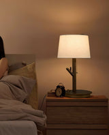 Modern Rustic Branch Table Lamp with Fabric Shade and Wooden Base for Bedside Lighting