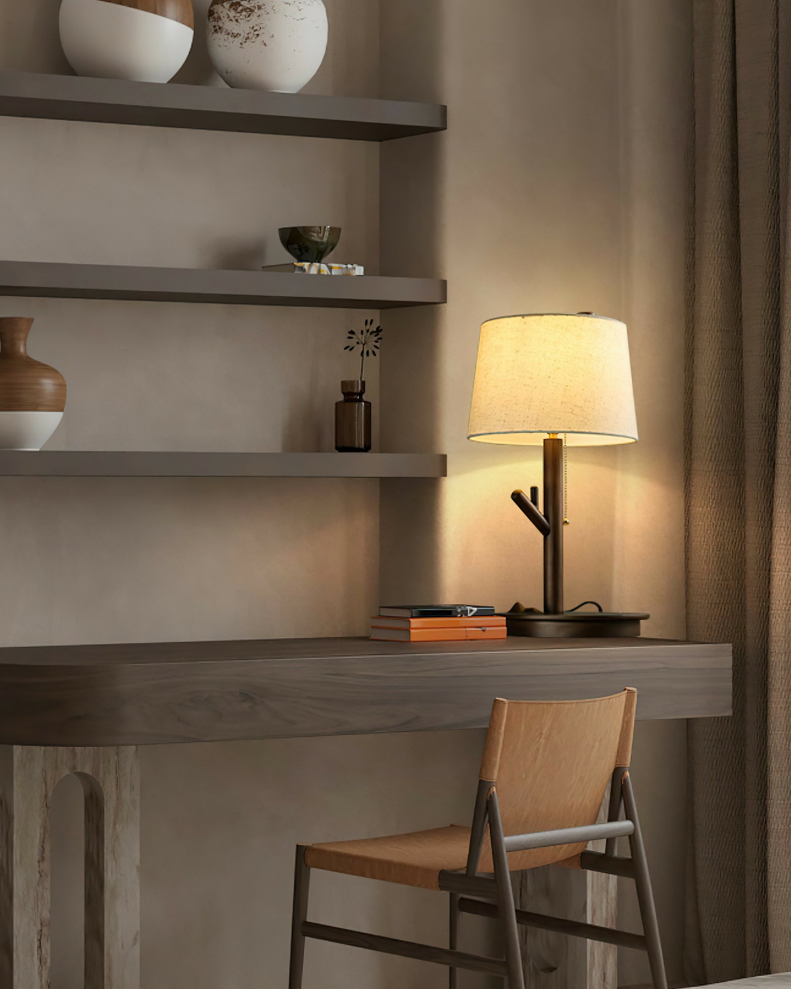 Modern Rustic Branch Table Lamp with Fabric Shade and Wooden Base for Bedside Lighting