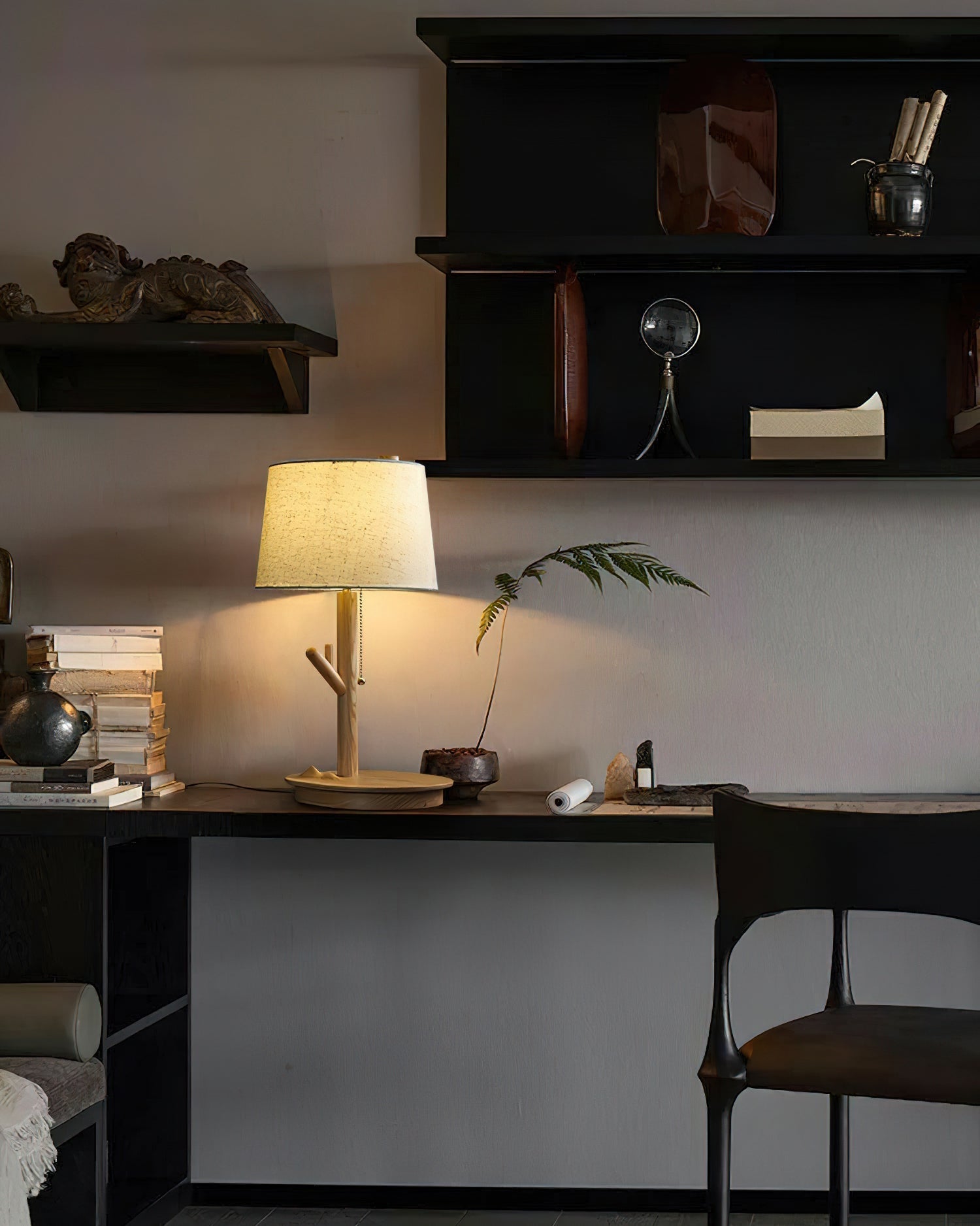 Modern Rustic Branch Table Lamp with Fabric Shade and Wooden Base for Bedside Lighting