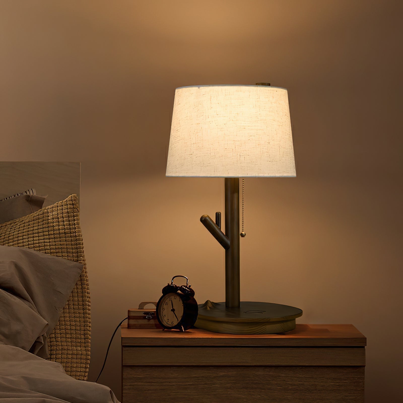 Modern Rustic Branch Table Lamp with Fabric Shade and Wooden Base for Bedside Lighting