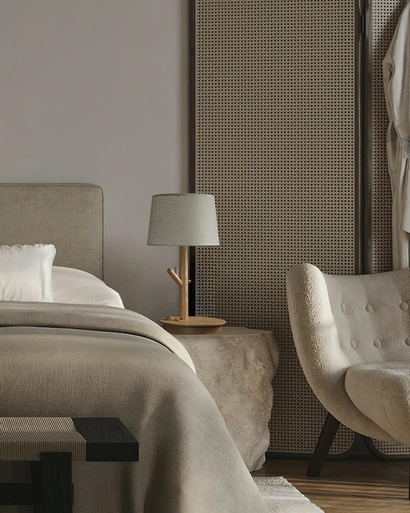 Modern Rustic Branch Table Lamp with Fabric Shade and Wooden Base for Bedside Lighting