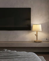 Modern Rustic Branch Table Lamp with Fabric Shade and Wooden Base for Bedside Lighting