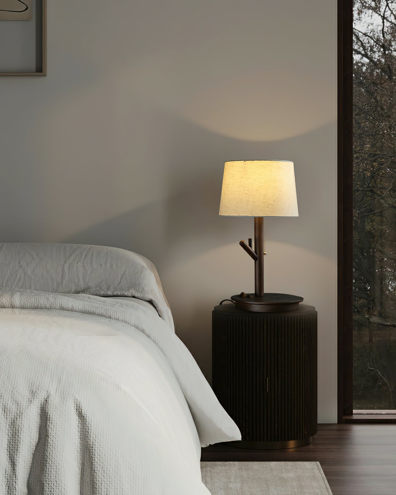 Modern Rustic Branch Table Lamp with Fabric Shade and Wooden Base for Bedside Lighting
