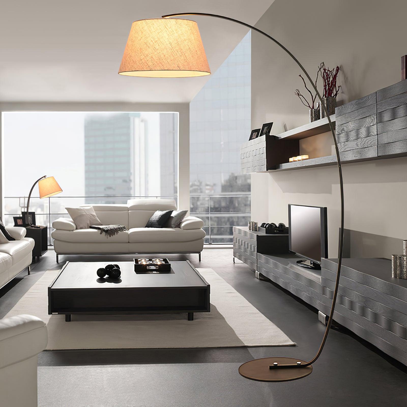 Modern Slim Twiggy Ambient Floor Lamp with Beige Fabric Drum Shade for Interior Lighting