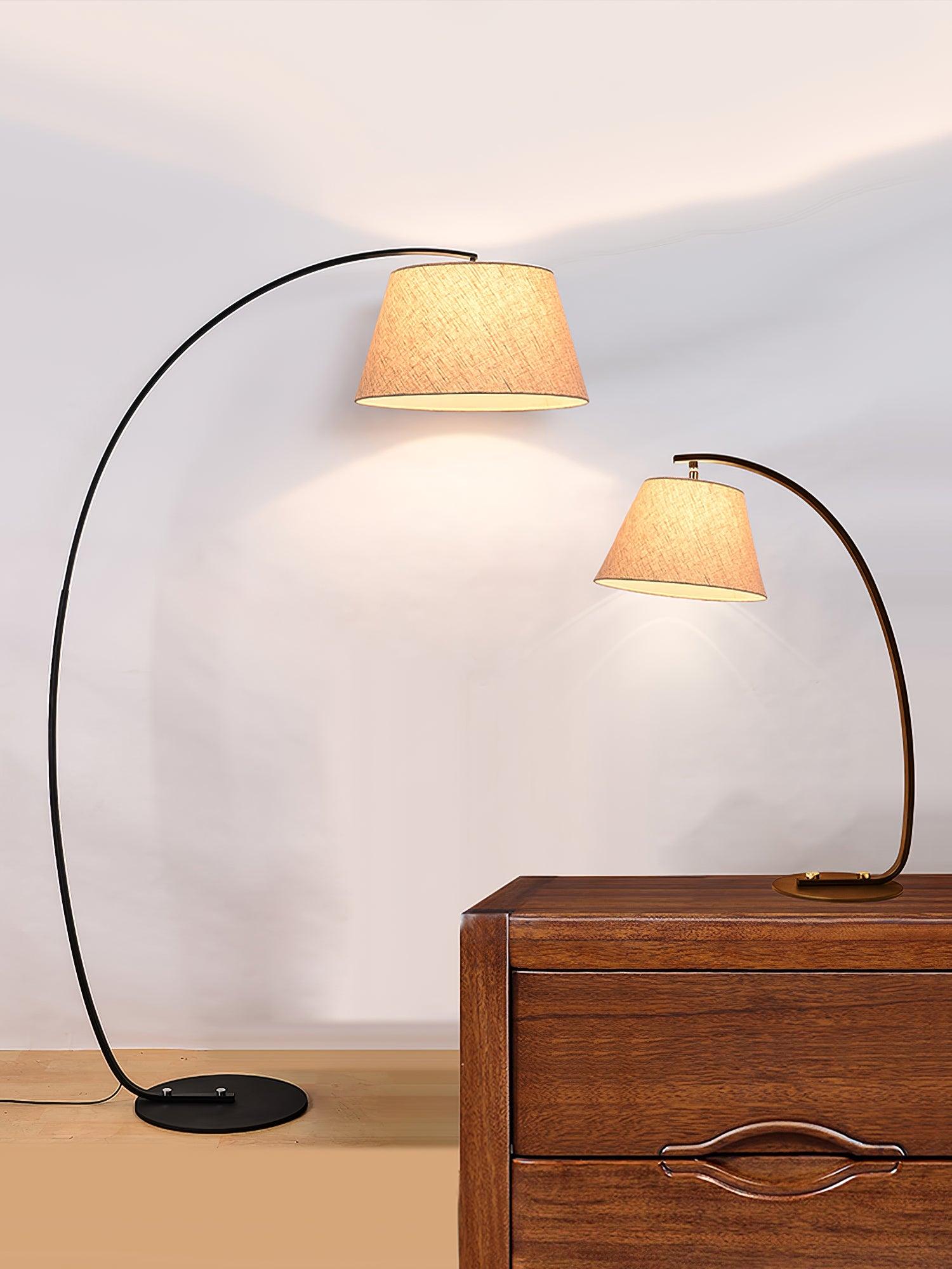 Modern Slim Twiggy Ambient Floor Lamp with Beige Fabric Drum Shade for Interior Lighting