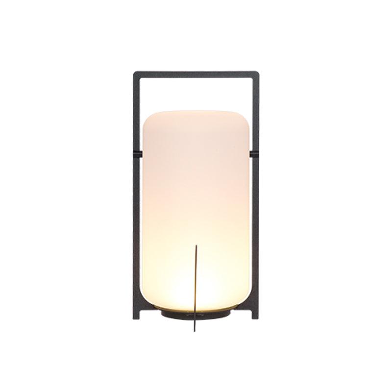 Modern Black Outdoor Portable Lantern Table Lamp with Blown Glass Shade