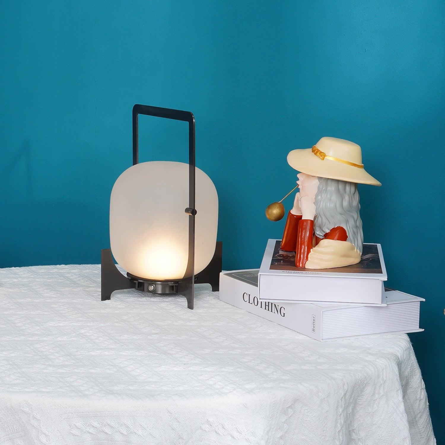 Modern Black Outdoor Portable Lantern Table Lamp with Blown Glass Shade