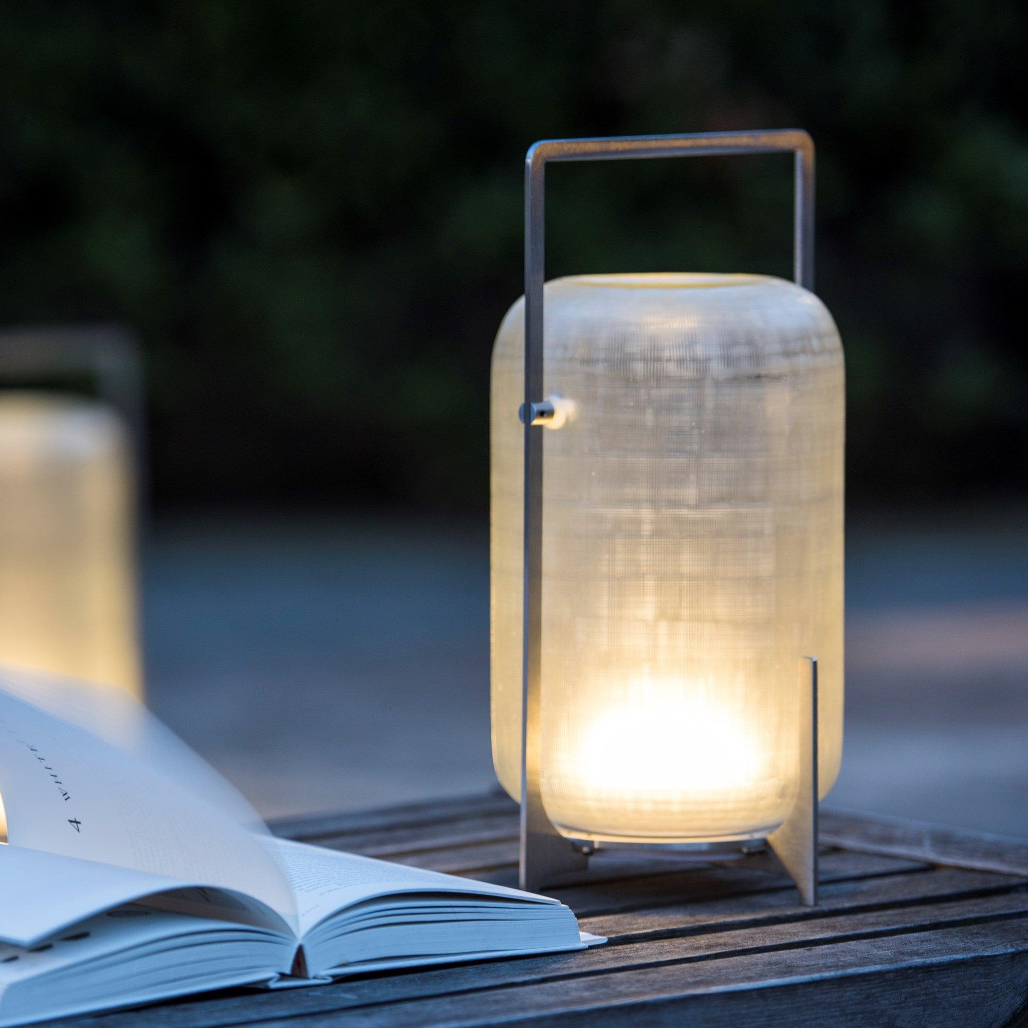 Modern Hand Blown Glass Lantern Table Lamp Stainless Steel Bedside Reading Light