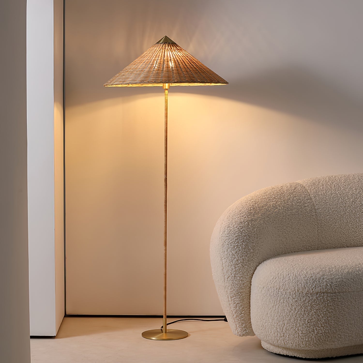 Mid Century Modern Rattan Stem Floor Lamp with Elegant Fabric Shade for Indoor Living Spaces