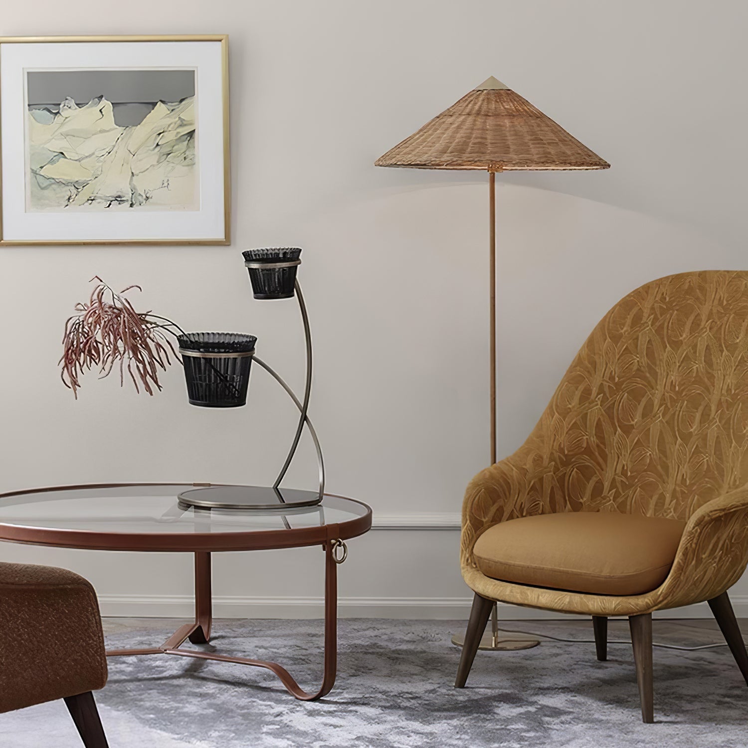 Mid Century Modern Rattan Stem Floor Lamp with Elegant Fabric Shade for Indoor Living Spaces