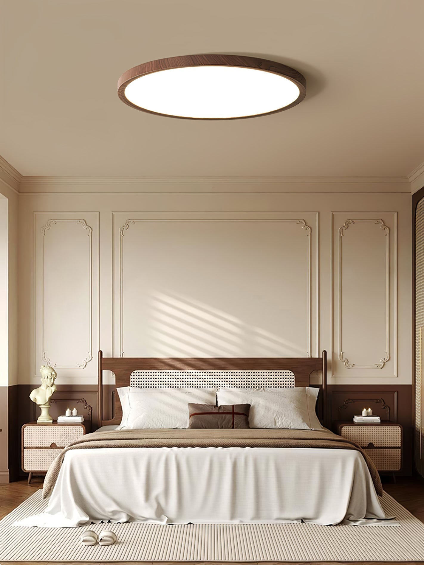 Modern Ultrathin Round Flush Mount LED Ceiling Light with Walnut Wood Grain Finish