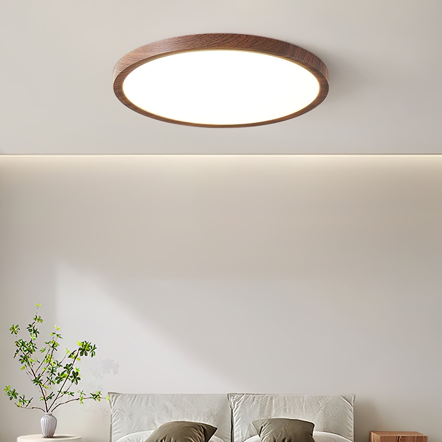 Modern Ultrathin Round Flush Mount LED Ceiling Light with Walnut Wood Grain Finish