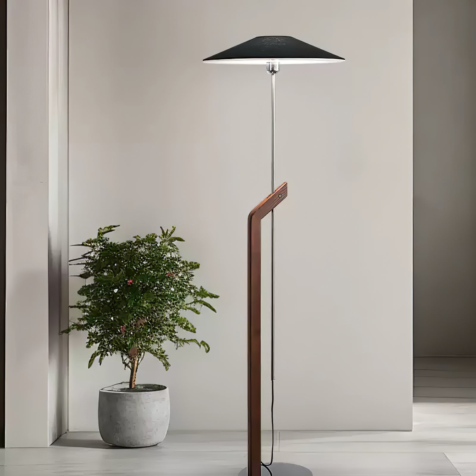 Modern Umbrella Style Wood Floor Lamp with Adjustable Height and Fabric Shade