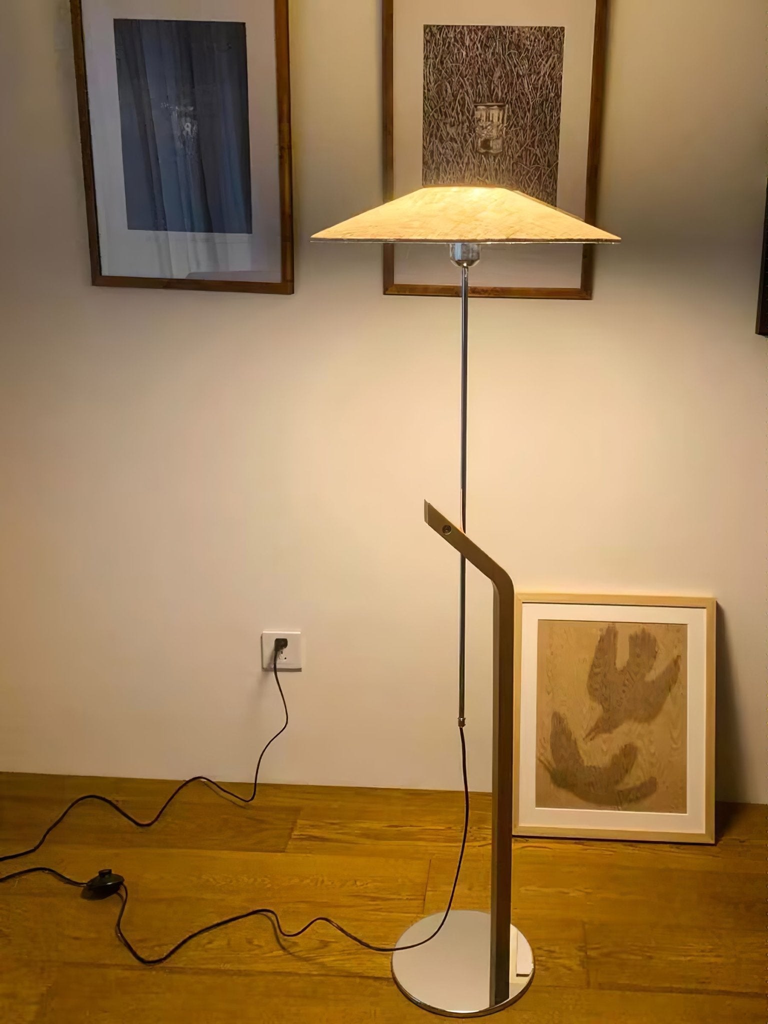 Modern Umbrella Style Wood Floor Lamp with Adjustable Height and Fabric Shade