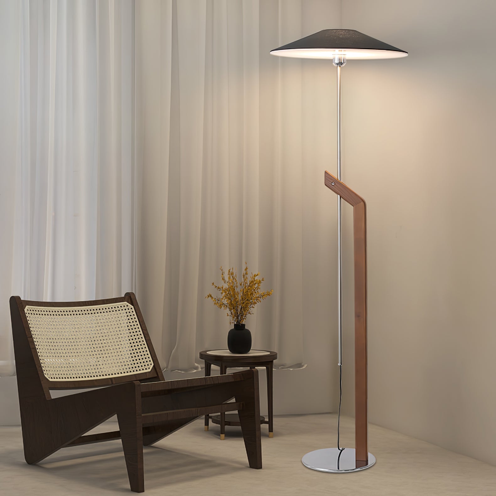 Modern Umbrella Style Wood Floor Lamp with Adjustable Height and Fabric Shade