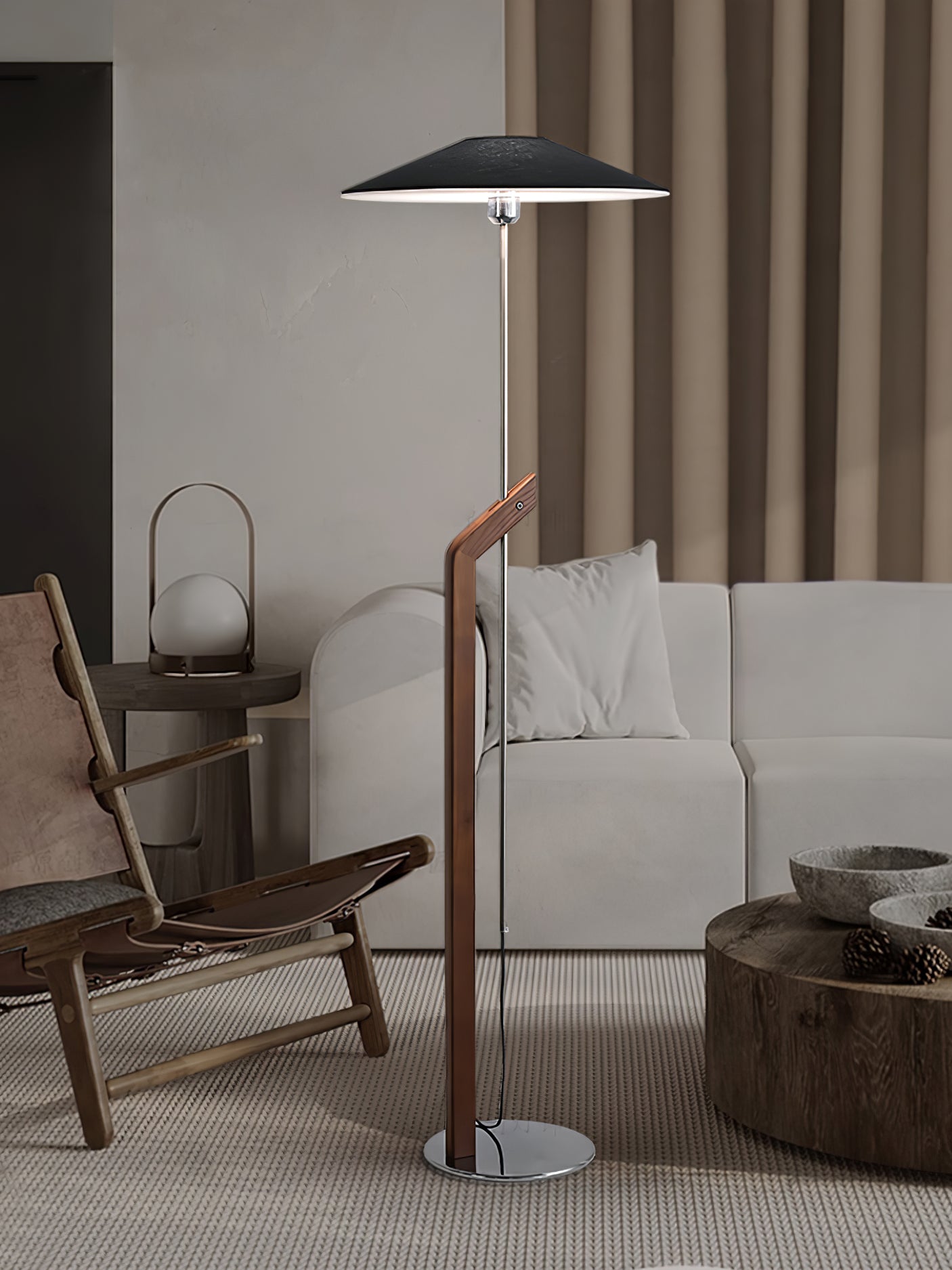 Modern Umbrella Style Wood Floor Lamp with Adjustable Height and Fabric Shade