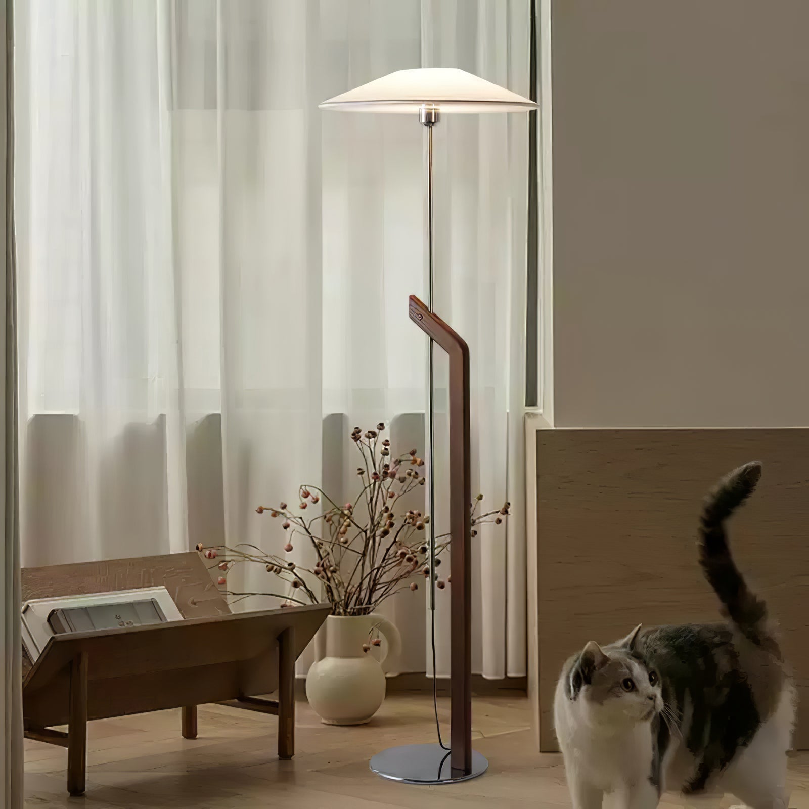 Modern Umbrella Style Wood Floor Lamp with Adjustable Height and Fabric Shade