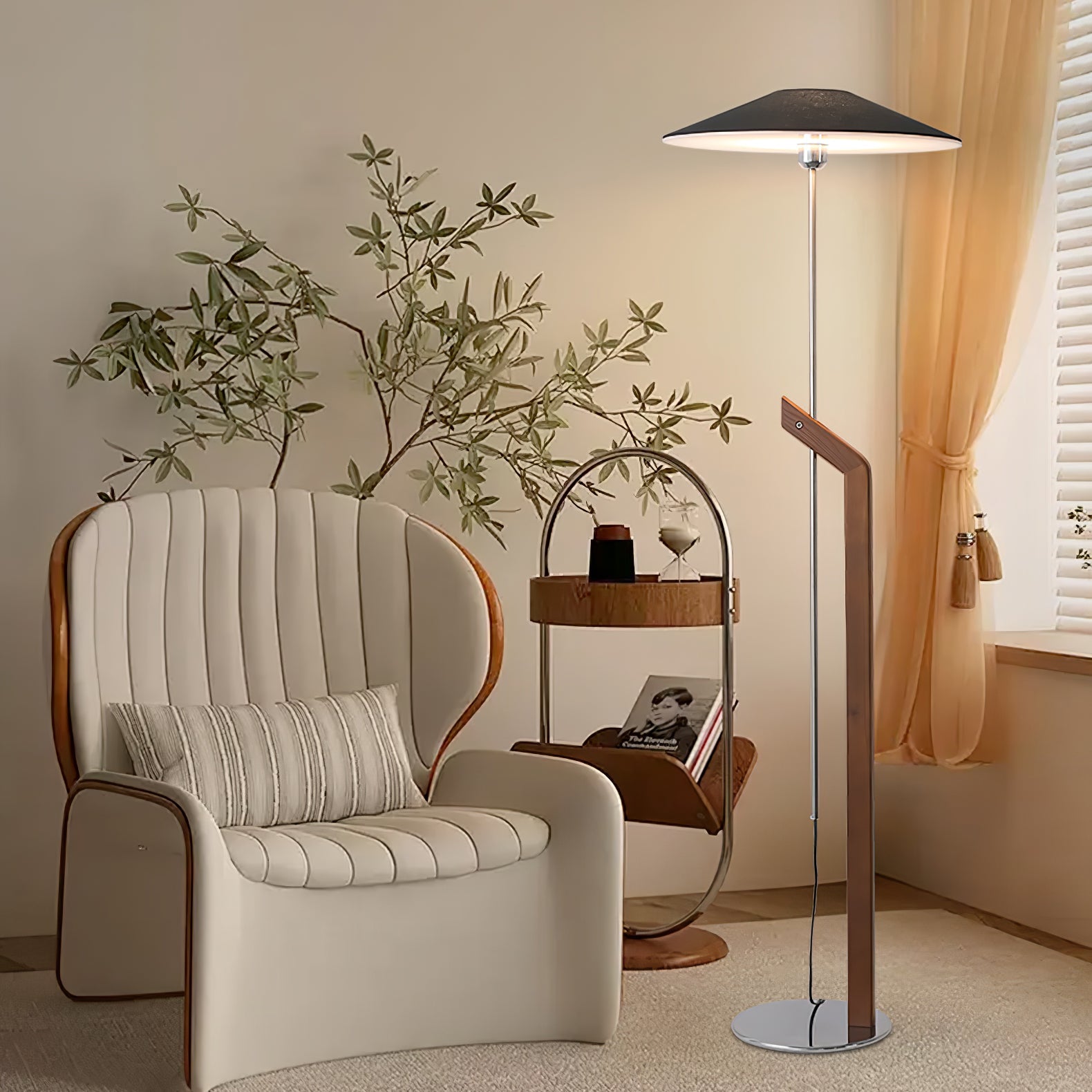 Modern Umbrella Style Wood Floor Lamp with Adjustable Height and Fabric Shade