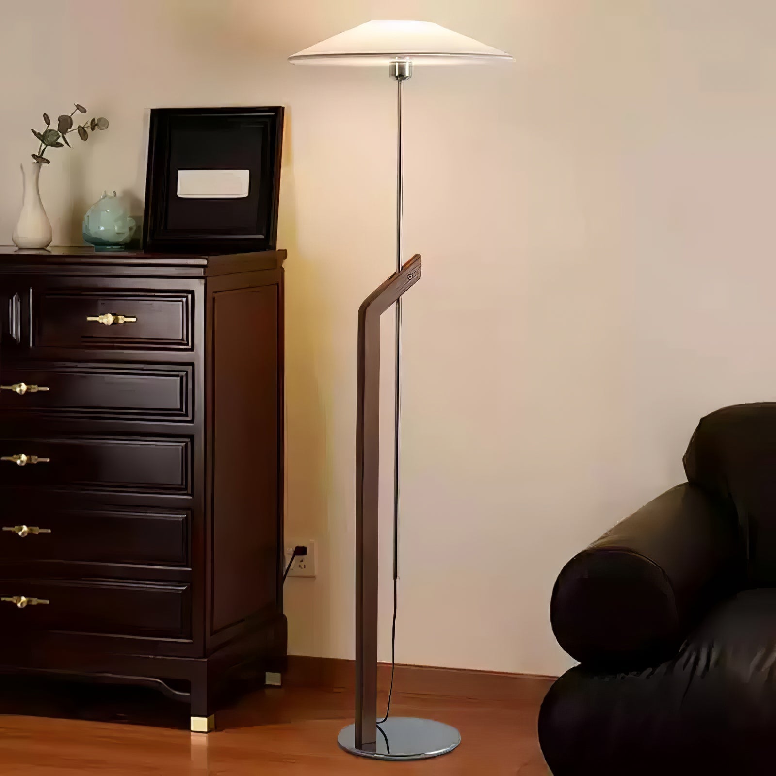 Modern Umbrella Style Wood Floor Lamp with Adjustable Height and Fabric Shade