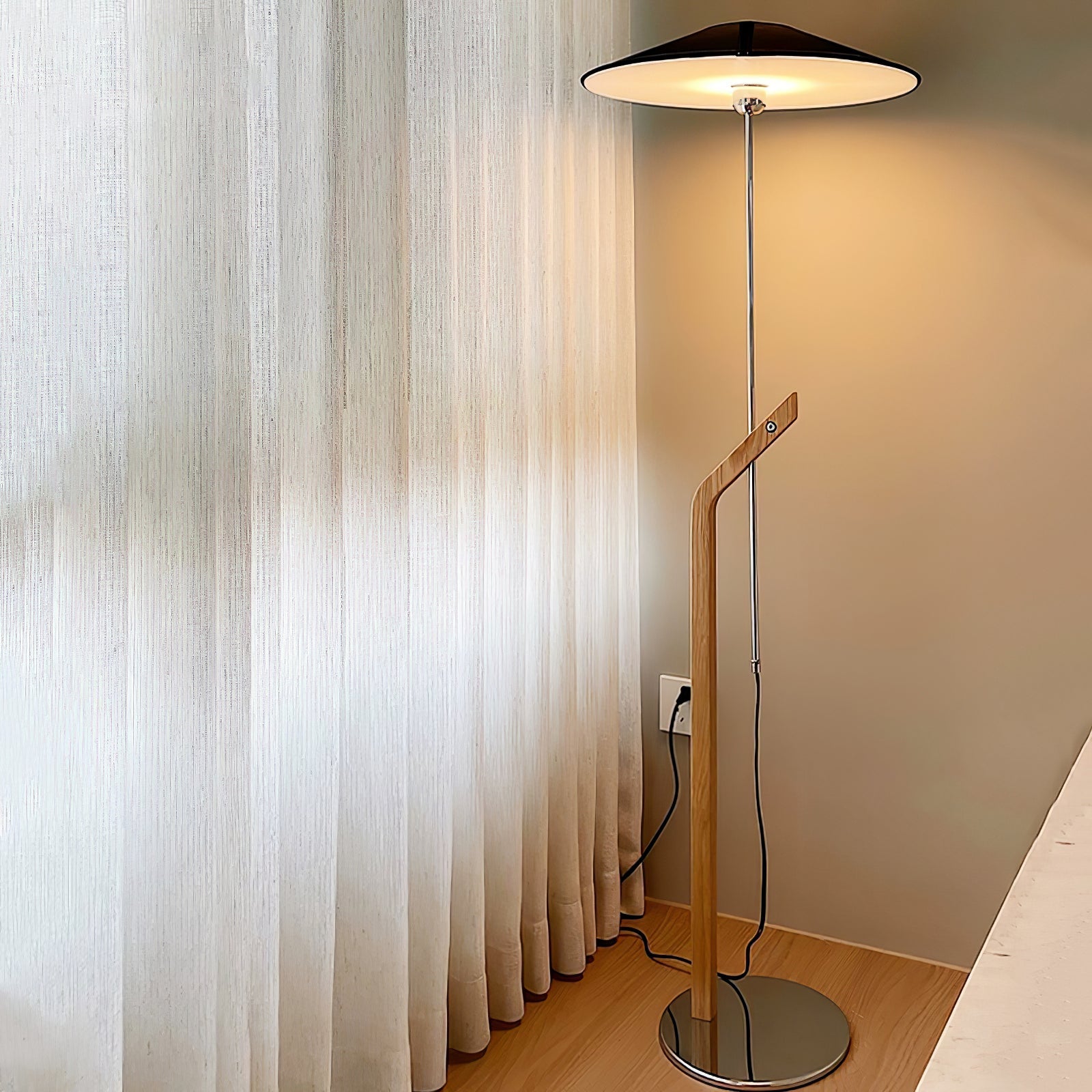 Modern Umbrella Style Wood Floor Lamp with Adjustable Height and Fabric Shade