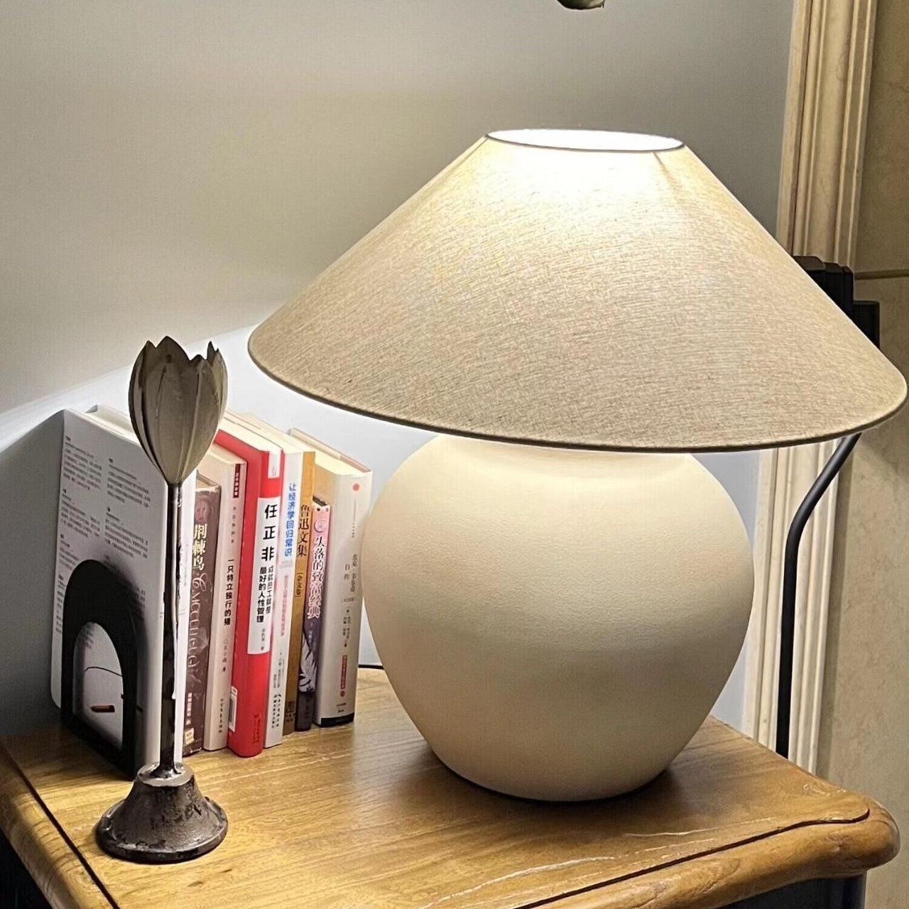 Handcrafted Textured Ceramic Table Lamp with White Fabric Shade for Living Room and Bedroom