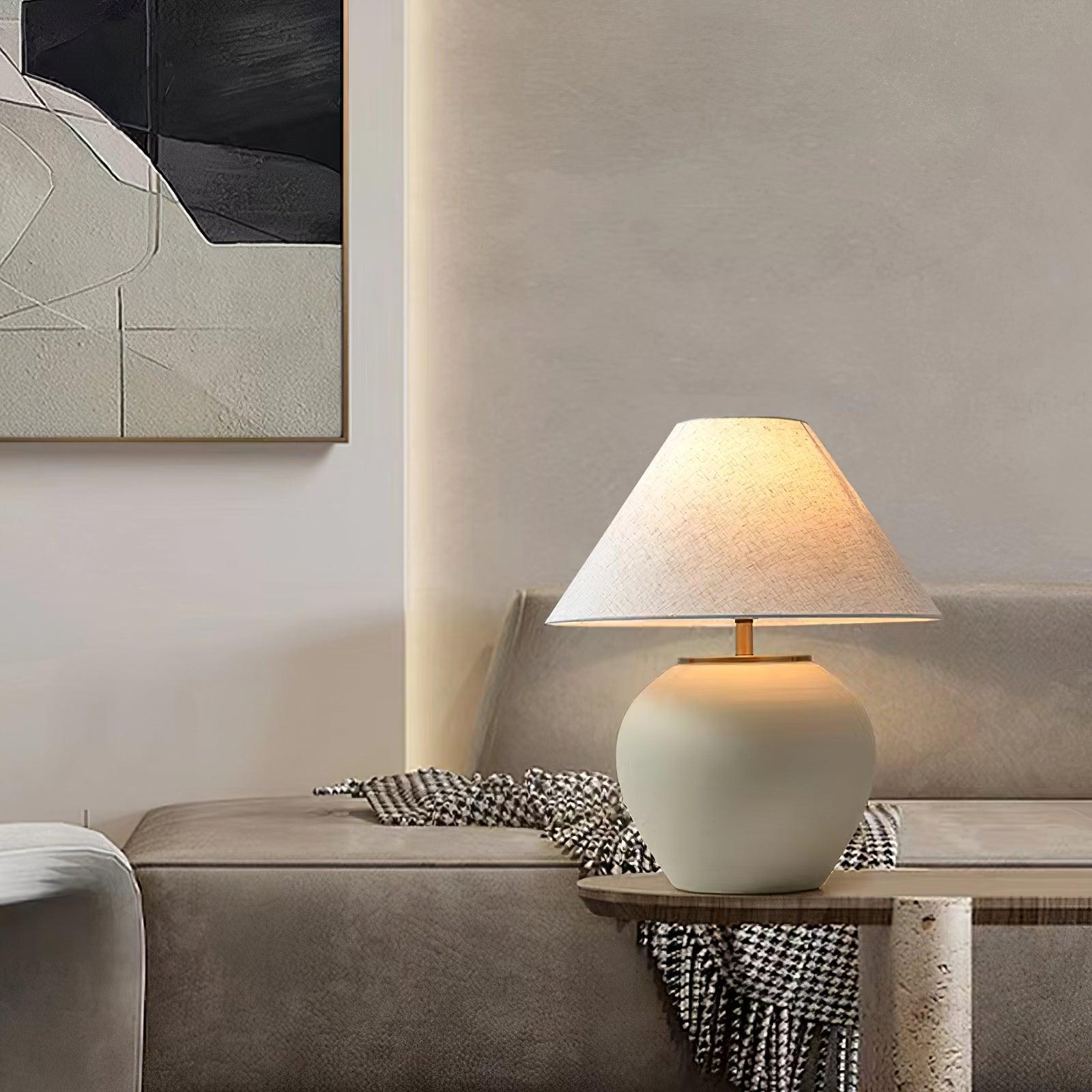 Handcrafted Textured Ceramic Table Lamp with White Fabric Shade for Living Room and Bedroom