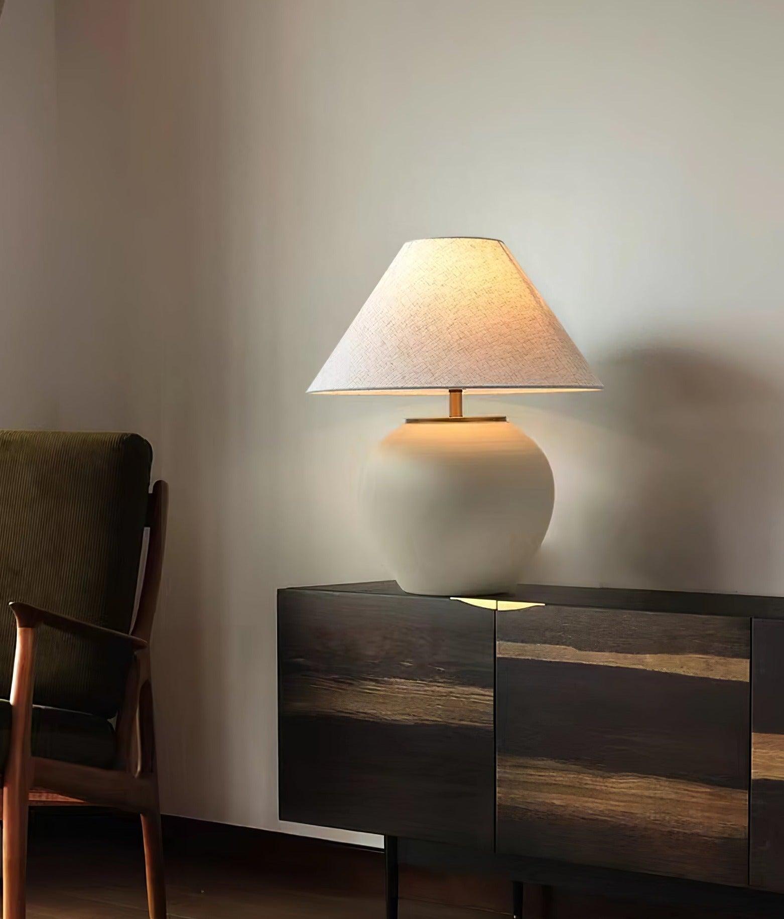 Handcrafted Textured Ceramic Table Lamp with White Fabric Shade for Living Room and Bedroom