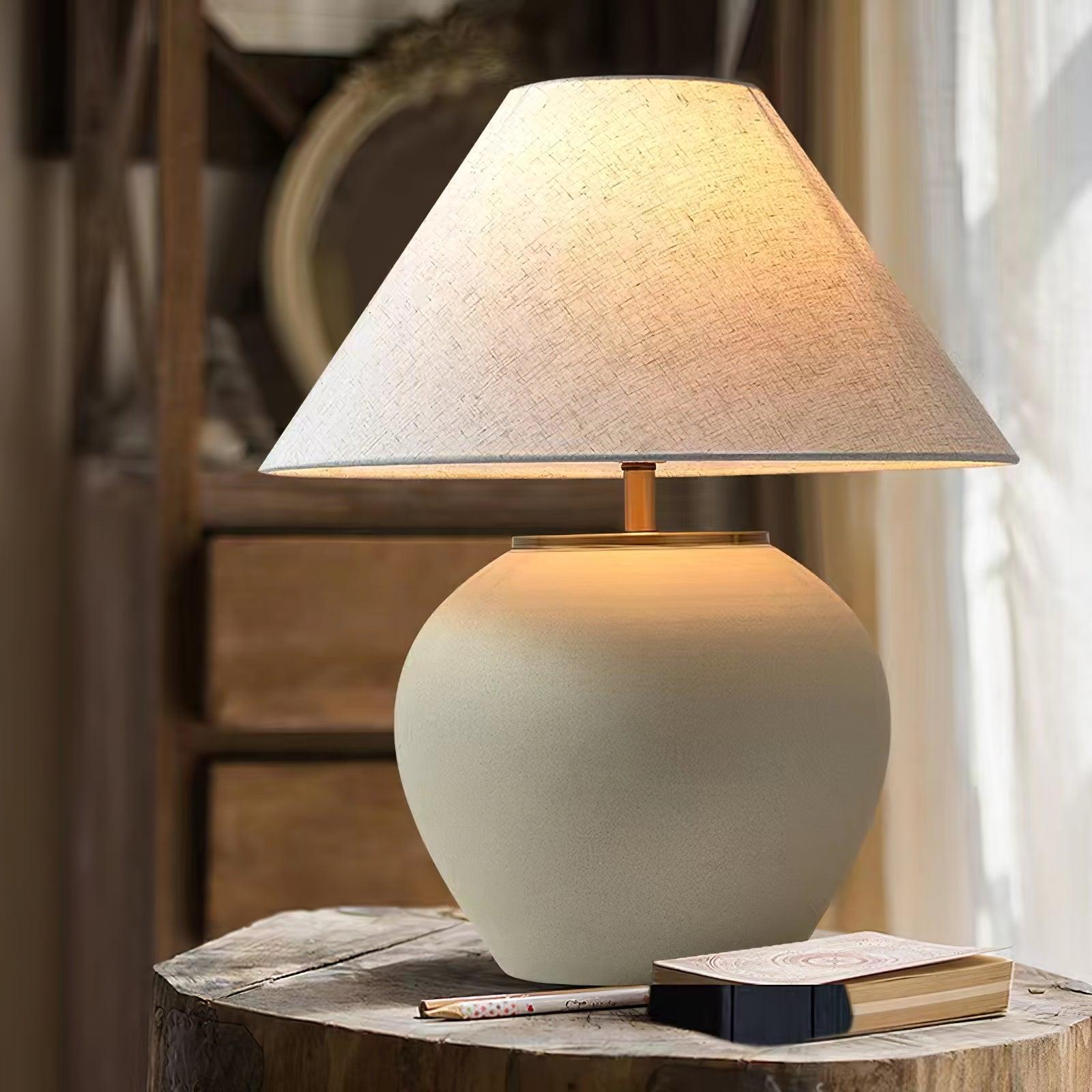 Handcrafted Textured Ceramic Table Lamp with White Fabric Shade for Living Room and Bedroom