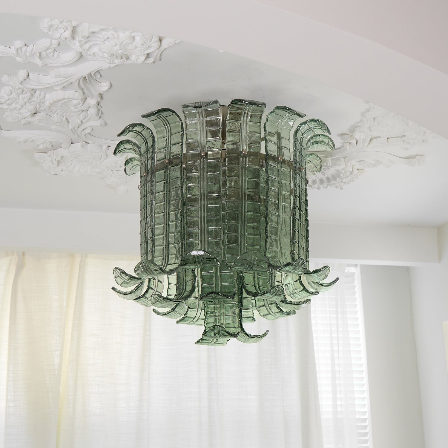 Green Hand Crafted Murano Glass Flower Petal Flush Mount Ceiling Light 20 Inch