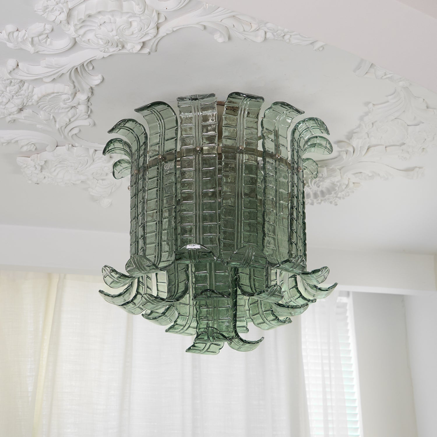 Green Hand Crafted Murano Glass Flower Petal Flush Mount Ceiling Light 20 Inch